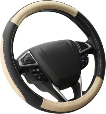 Black and Beige Microfiber Leather Steering Wheel Cover for 15.5" - 16"