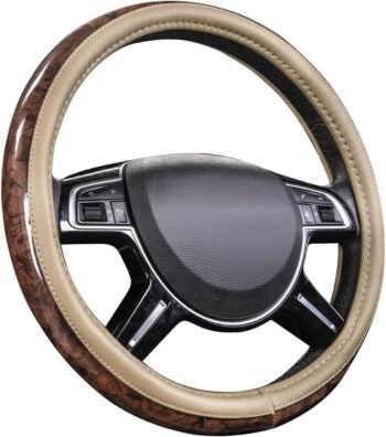 Universal Fit Full Wood Grain Leather Steering Wheel Covers Fit for Suvs,Trucks,Sedans, Anti-Slip Design … (Beige)