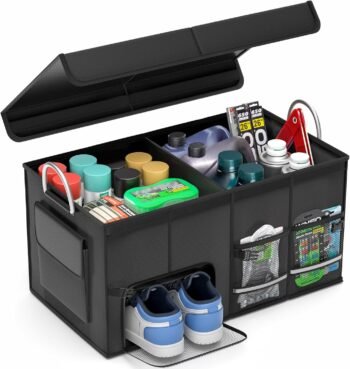 Car Trunk Organizer with Lid - Collapsible Multi Compartment Car Organizer - Multiple Pockets, Multi-purpose Travel Accessory - Anti-slip & Leak-proof Fits any Car, SUV, Minivan