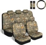 Car Seat Covers Full Set with Steering Wheel Cover and Seat Belt Pads – Real Mossy Tree Oak Forest Camouflage Pattern, Automotive Front & Bench Back Seat Cover for Cars Trucks SUV