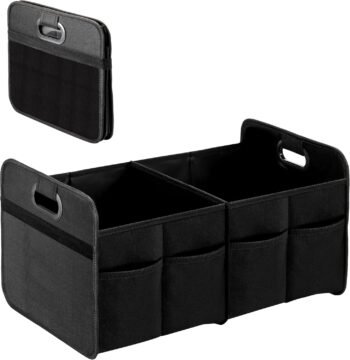 Trunk Organizer for Car/SUV/Truck, Collapsible 2 Compartment Automotive Storage Box, 600D Waterproof Oxford Polyester 50L Travel Accessories, Anti-slip & Leak-proof, Black New
